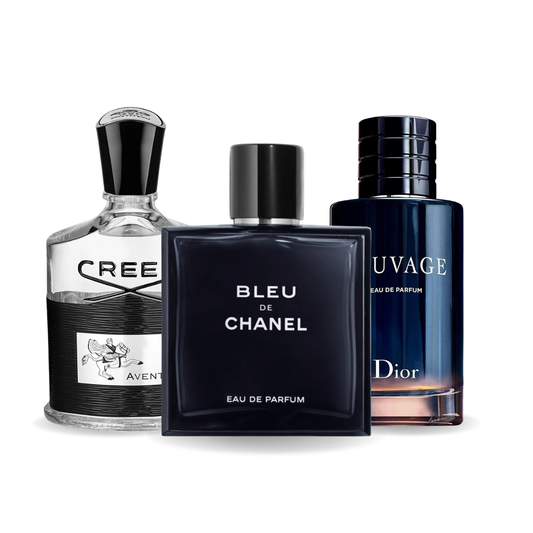 Promo balíček 3 parfémov: Creed AVENTUS, BLEU DE CHANEL a Dior SAUVAGE 100 ml.