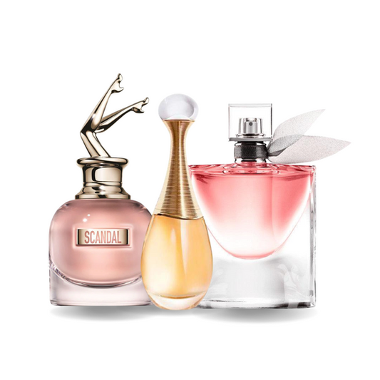 Promo balíček 3 parfémov: Jean Paul Gaultier SCANDAL, Dior J'ADORE a Lancôme LA VIE EST BELLE 100 ml.