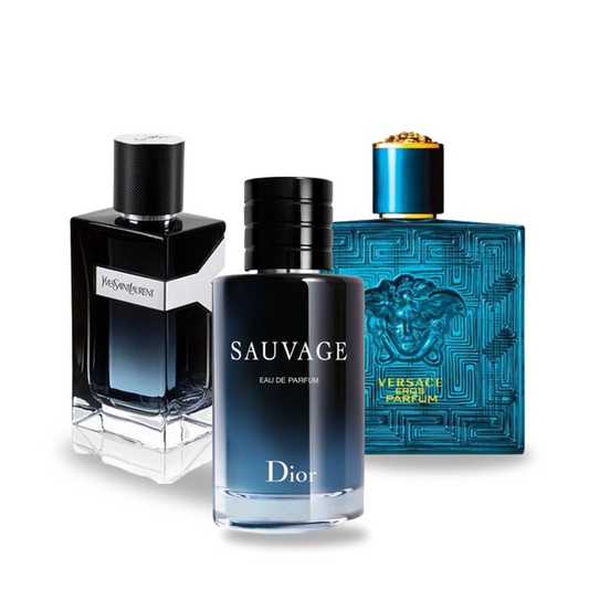 Promo balíček 3 parfémov:  Dior SAUVAGE, Yves Saint Laurent Y MEN a Versace EROS 100 ml.
