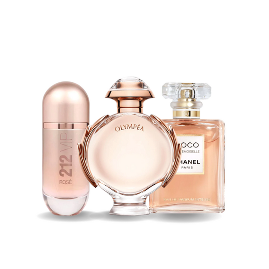 Promo balíček 3 parfémov: Carolina Herrera 212 VIP ROSÉ, Paco Rabanne OLYMPÉA a Chanel COCO MADEMOISELLE 100 ml.